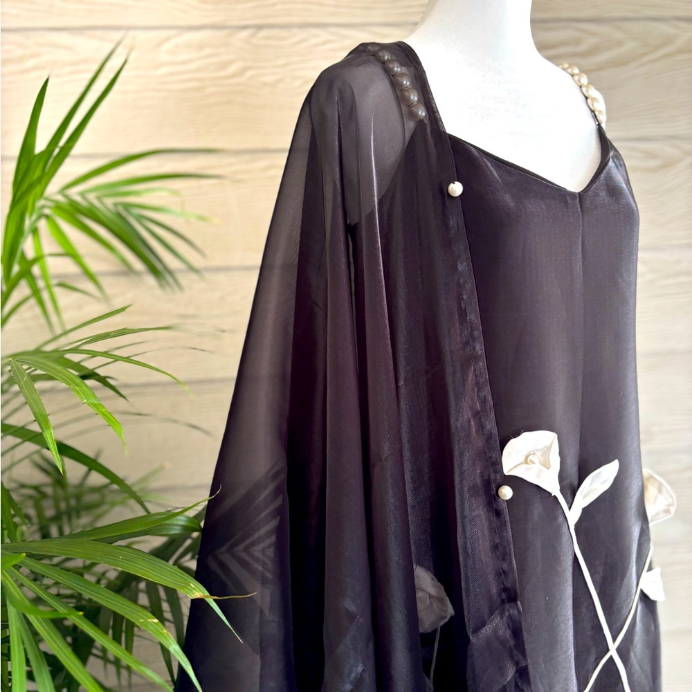 Elegant Black Sheer Dress with White Floral Accents